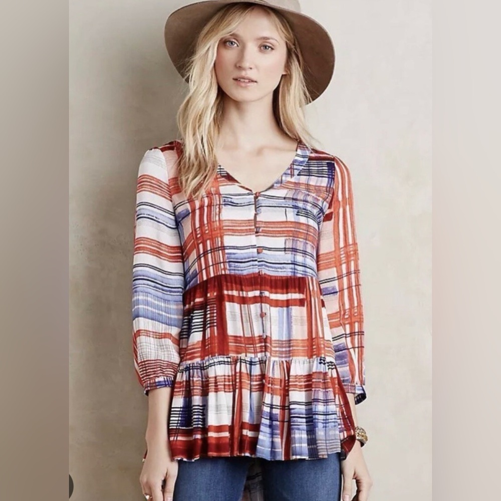 Maeve Anthropologie Lila Tiered Peasant Top Red White Blue Stripe Small S‎ XS